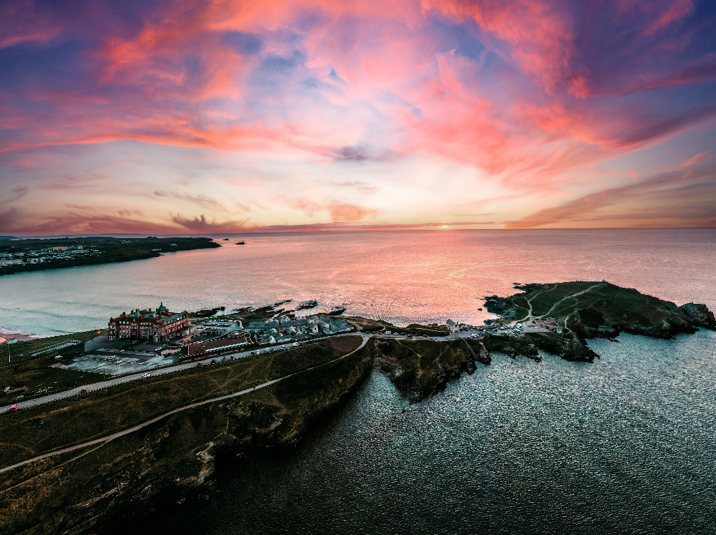 Newquay Headland Hotel Sunset Drone Landscape - Print or in a Frame